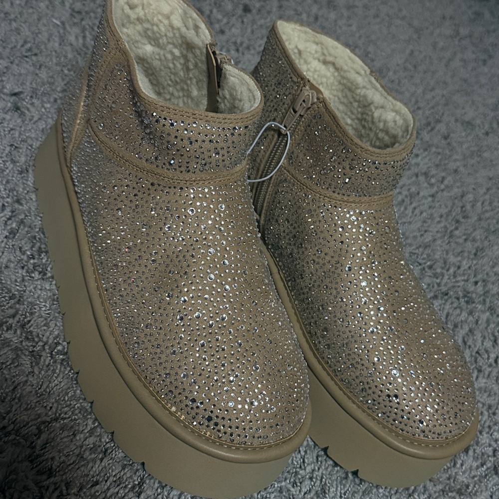 Target Tan Crystal-Embellished Platform Winter Ankle Boots